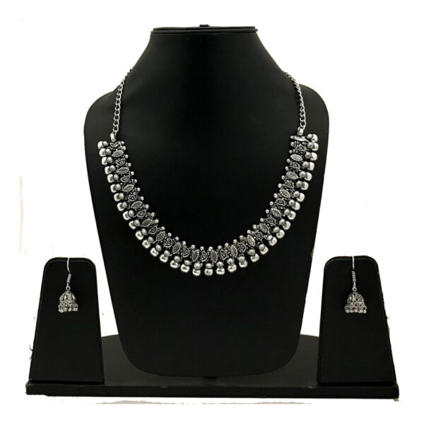 Antique Silver Finish Necklace with Dome Jhumka Earrings