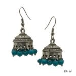 Traditional Silver Oxide Polishing Jhumka Earrings with Turquoise Colour Beads