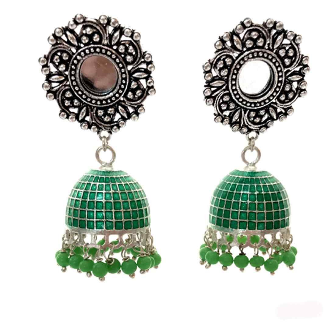 ER0405 Light Green Filigree Medallion Jhumka Earrings - Image 1