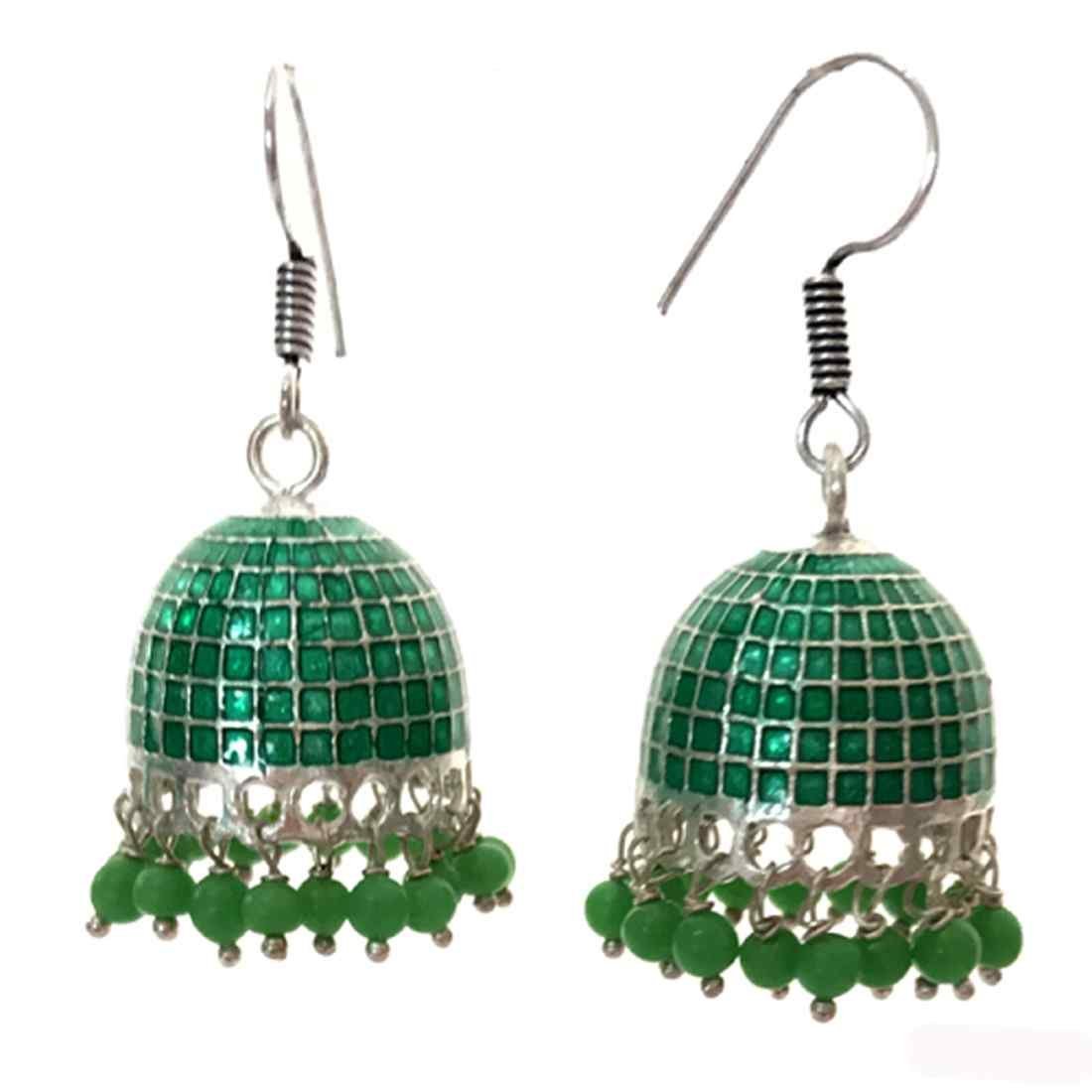 ER0406D-1.jpg Green Beaded Oxidized Jhumka Earrings - Image 1