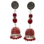 Peacock Oxidized Jhumka Earrings with Red Beads - Image 2
