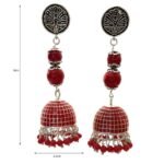 Peacock Oxidized Jhumka Earrings with Red Beads - Image 3