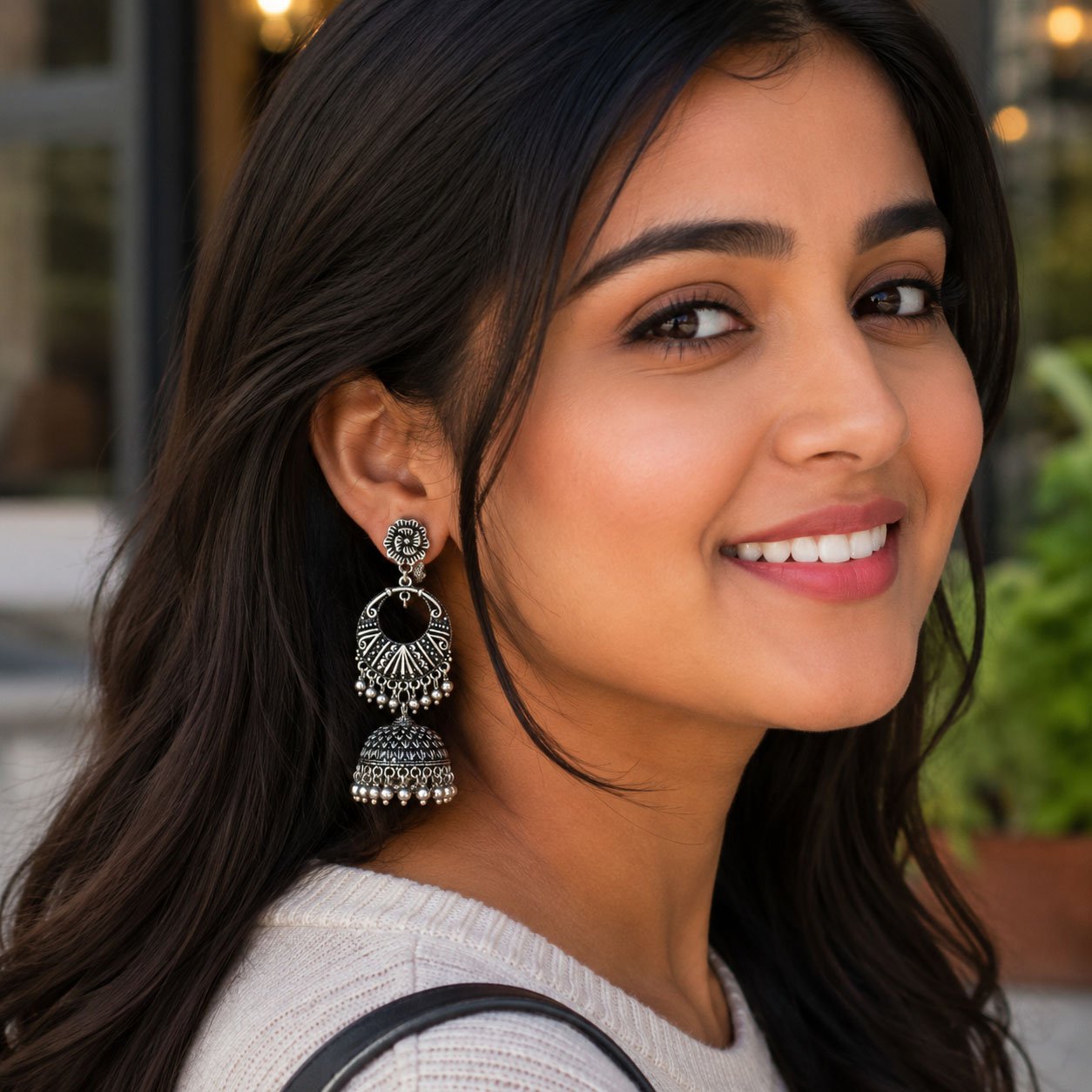 ER2091 Oxidized Silver Polish Jhumka Earrings – Traditional Round Drop Design - Image 1