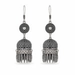 Oxidized Silver Polish Jhumka Earrings – Geometric Dome with Hanging Details - Image 3