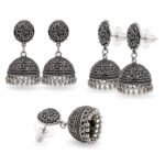 Oxidized Silver Polish Jhumka Earrings – Intricate Floral Dome Design - Image 2