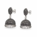 Oxidized Silver Polish Jhumka Earrings – Intricate Floral Dome Design