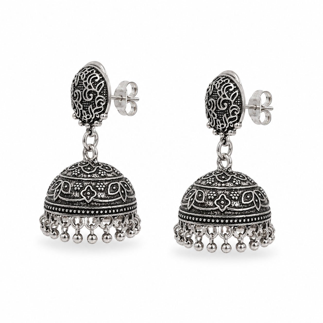 ER2096 (2) Oxidized Silver Polish Jhumka Earrings – Intricate Floral Dome Design - Image 1