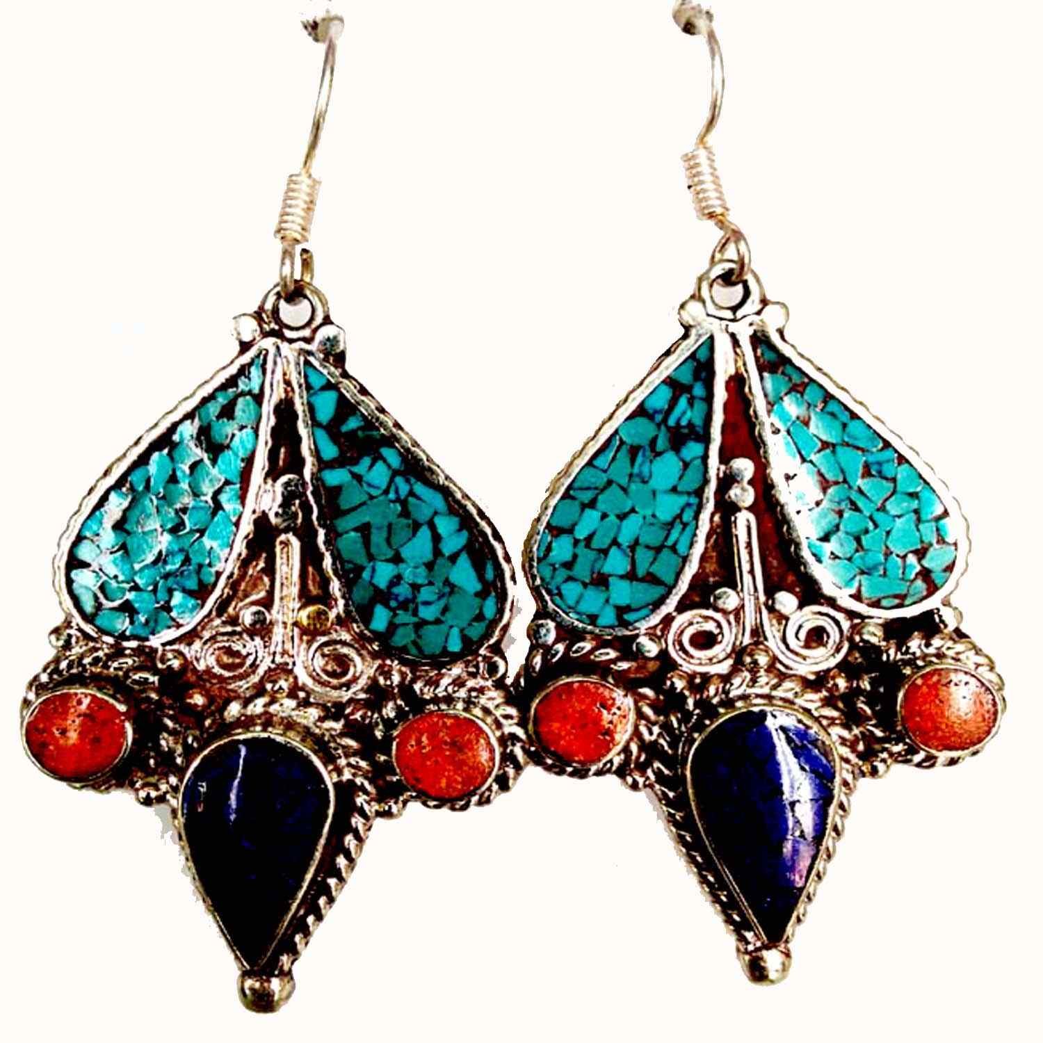 ER400 Turquoise Mosaic Artisan Drop Earrings - Image 1