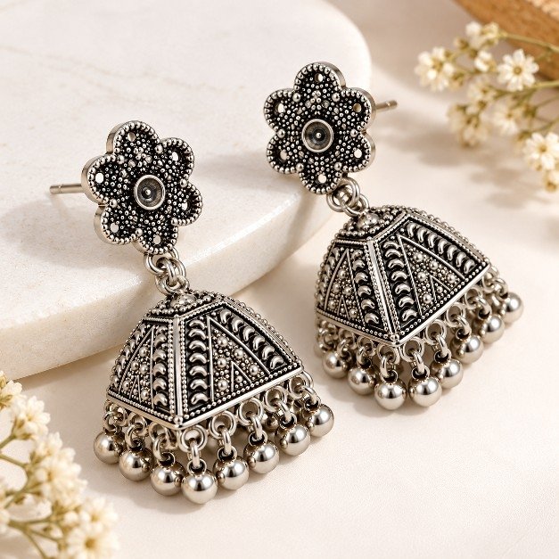 ER2116 Floral Bell Dome Earrings - Image 1