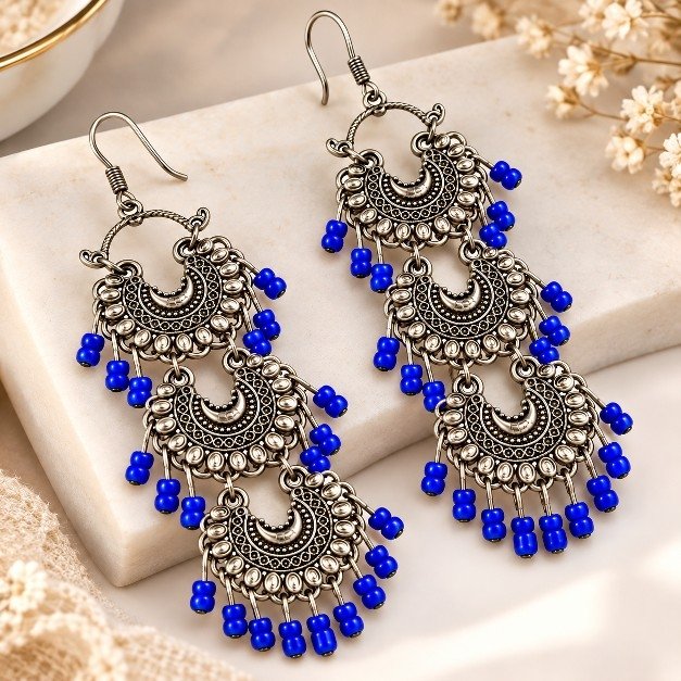 ER0557 Royal Blue Layered Crescent Long Earrings - Image 1