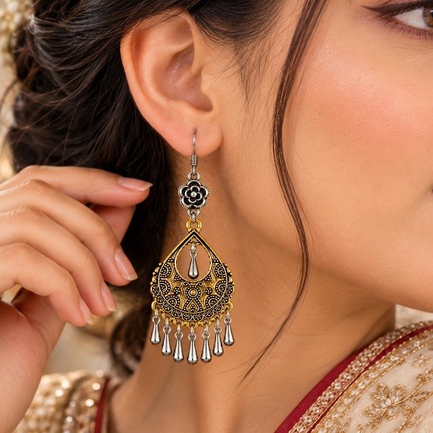 ER2111M Antique Gold Teardrop Filigree Earrings - Image 1