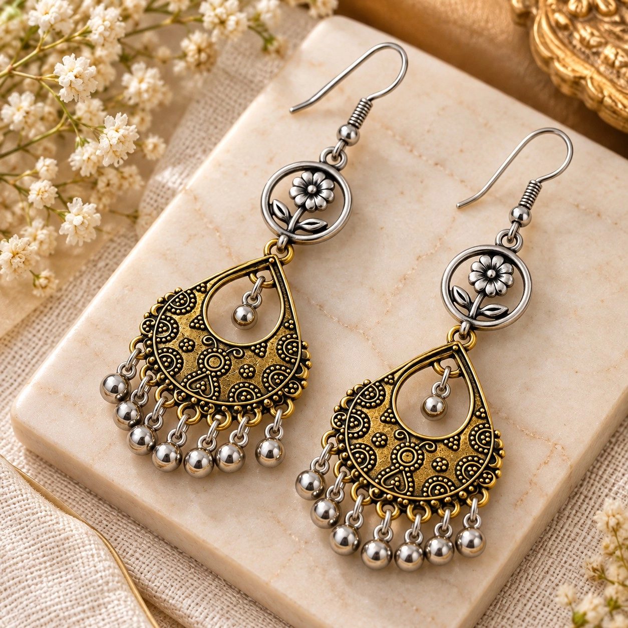 ER2099 Floral Teardrop Beaded Earrings - Image 1